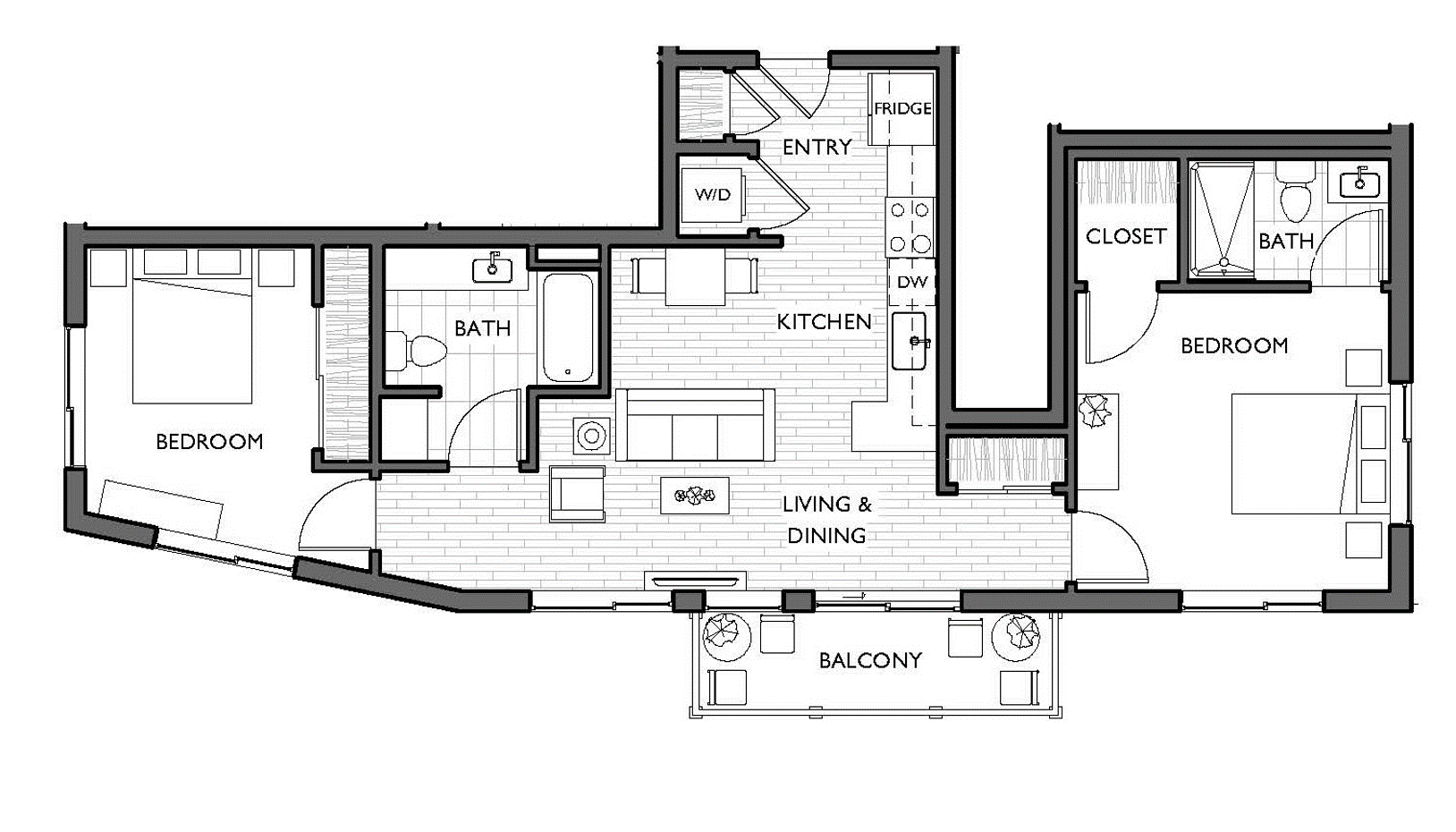 Floor plan for 2 beds, 2 baths, 940 sqft